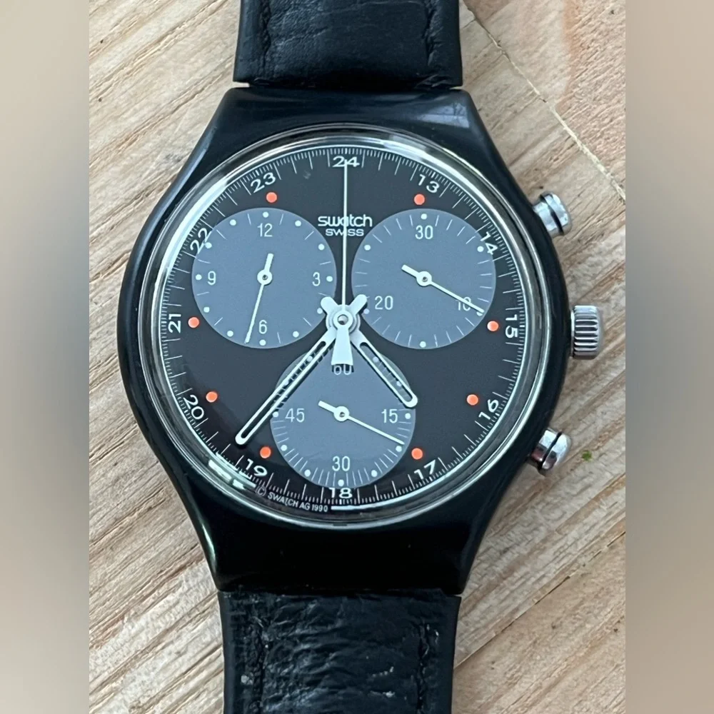 Swatch Chronograph 1991 Wall Street Super Rare Vintage Watch Black Dial Leather